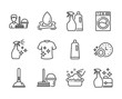 © blankstock - Set of Cleaning icons, such as Washing machine, Shampoo, Dishwasher timer, Washing cleanser, Cleanser spray, Plunger, Bucket with mop, Water splash, Shampoo and spray, Clean t-shirt. Vector