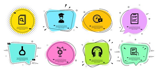 Cognac bottle, Search files and Parcel invoice line icons set. Chat bubbles with quotes. Student, Select alarm and Report document signs. Headphones, Chemical formula symbols. Vector