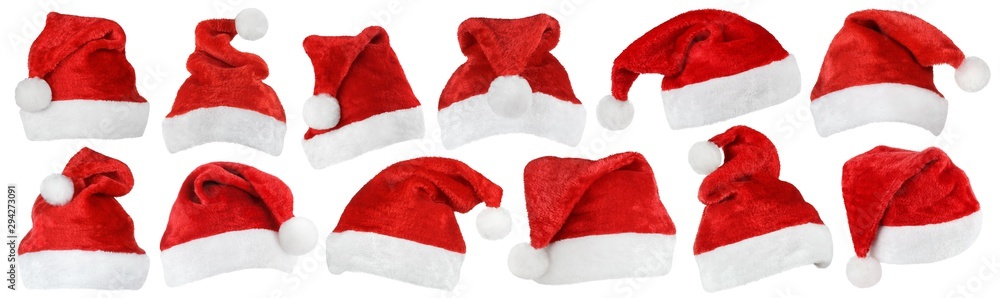 Set of red Christmas Santa Claus hat isolated on white background - obrazy, fototapety, plakaty 