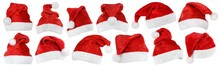 Set Of Red Christmas Santa Claus Hat Isolated On White Background