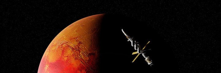 Wall Mural - spaceship in Mars orbit, space mission arrived at the red planet