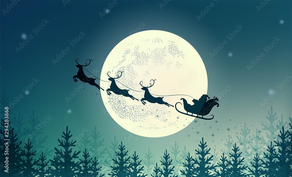 Santa Claus on sleigh with reindeer on background of full moon. Merry Christmas and happy New year. Design for holiday poster, banner, invitation, congratulations, greeting card.  Vector illustration - obrazy, fototapety, plakaty 