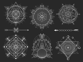 Vector set of Sacred geometric symbols and figures on black background. Abstract mystic signs collection.