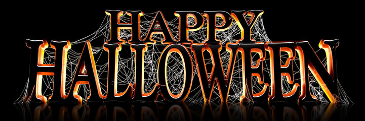 Wall Mural - backlit happy halloween text covered in spooky spider webs banner - 3d render