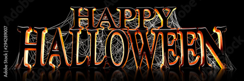 Fotografía Backlit Happy Halloween text covered in spooky spider webs banner - 3d render