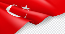 Turkey Patriotic Horizontal Web Banner With 3d Flag. Realistic Fluttering Turkish Flag On Transparent Background. Turkey National Day Vector Card With Empty Space. Official Holiday Celebration.