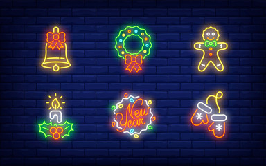 Wall Mural - New Year symbols neon sign set