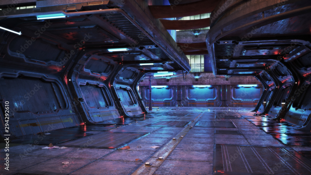 Urban city retro futuristic back drop sci fi corridor background with neon accents. 3d rendering. - obrazy, fototapety, plakaty 