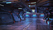 © Digital Storm - Urban city retro futuristic back drop sci fi corridor background with neon accents. 3d rendering.