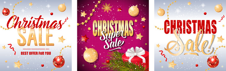Wall Mural - Christmas Sale festive flyer set. Red and golden baubles, gifts, fir tree on white or woolen background. Vector illustration for advertising design, banner and poster templates