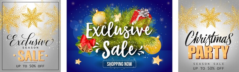 Wall Mural - Christmas Sale poster set with gold snowflakes, baubles, present, fir tree on white and blue backgrounds. Vector illustration for advertising design, party flyers and banners