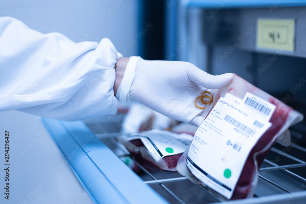 Selective focus scientist hand holding red blood bag in storage blood refrigerator at blood bank unit laboratory in the hospital.Save life and medical treatment concept. - obrazy, fototapety, plakaty 