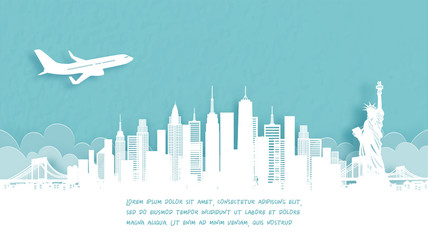 Fototapete - Travel poster with Welcome to New York City famous landmark in paper cut style vector illustration.