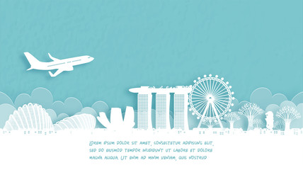 Fototapete - Travel poster with Welcome to Singapore famous landmark in paper cut style vector illustration.