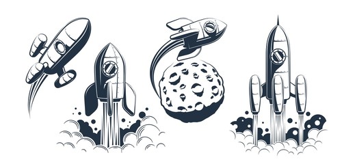 Rocket spaceship launch and flying - retro style. Rocketship monochrome vintage print illustration.