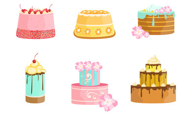 Poster - Set of cakes decorated with berries and flowers. Vector illustration.