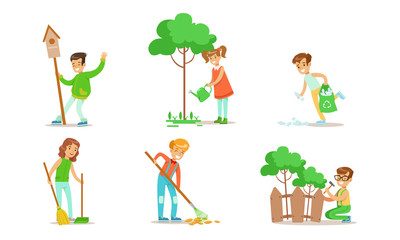 Poster - Children Volunteering in the Garden or Park Set, Teen Boys and Girls Gathering Garbage, Watering Trees, Repairing Fence, Sweeping and Raking Leaves Vector Illustration