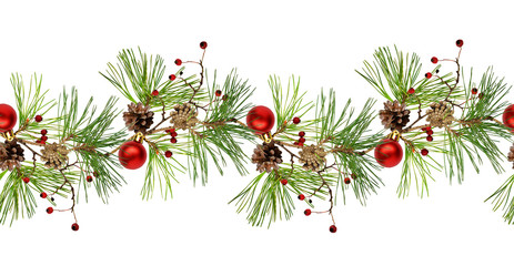 Wall Mural - Pine branch with cones, Christmas decoration and red dry berries in a line arrangement