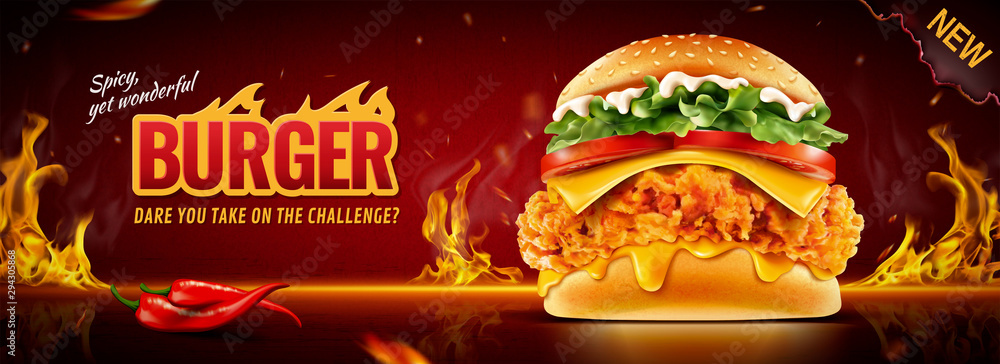 Hot fried chicken burger banner ads Stock Vector | Adobe Stock