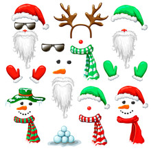 Big Set Of Christmas And New Year Photo Booth And Props. Holiday Mask Clip Art Isolated On White. Santa Hat And Beard Snowman Reindeer Head Costume With Accessories. Xmas Cartoon Character.