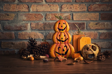 Halloween Decoration with Pumpkin Statue with Brick Wall Background