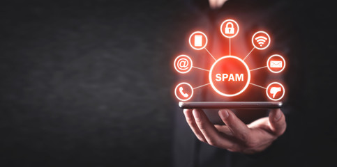 Wall Mural - man holding smartphone. spam. internet. technology