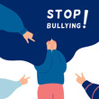 Stop bullying concept with Depressed girl surrounded by the hands of her peers pointing at her. Human character vector