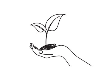 Wall Mural - One line drawing of sprout in hand. Continuous line growing plant in hand palm.