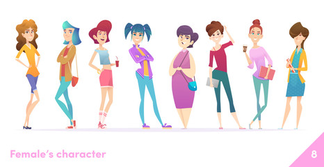 Wall Mural - Women character design collection. Modern cartoon flat style. Females stand together. Young females in different poses.