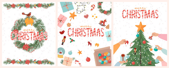 set of merry christmas cards with christmas tree, gift box, floral wreath. editable vector illustrat