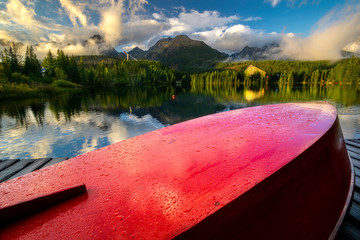 Wall Mural - View of Strbske pleso with boat on shore