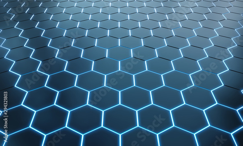 Glowing black and blue hexagons background pattern on silver metal surface 3D...