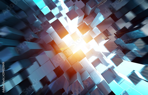 Glowing black blue and orange squares background pattern 3D rendering