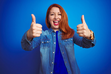 Sticker - Young beautiful redhead woman wearing denim shirt standing over blue isolated background success sign doing positive gesture with hand, thumbs up smiling and happy. Cheerful expression