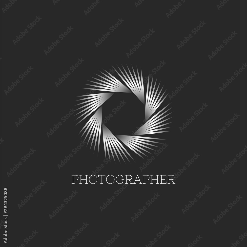 Photo studio or photographer logo abstract endless aperture symbol of the camera lens, linear design of thin lines modern metal gradient - obrazy, fototapety, plakaty 