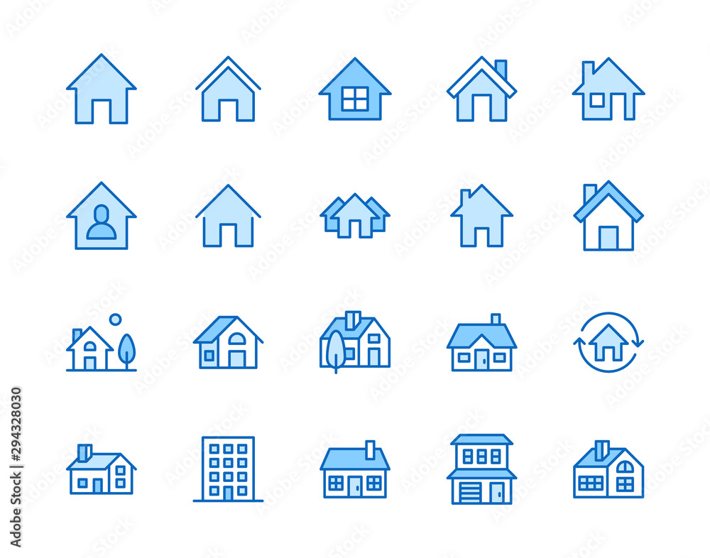 Houses flat line icons set. Home page button, residential building, country cottage, apartment vector illustrations. Outline simple signs for real estate. Pixel perfect 64x64. Editable Strokes - obrazy, fototapety, plakaty 