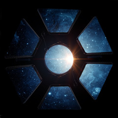 Wall Mural - earth and galaxy in spaceship international space station window porthole. elements of this image fu