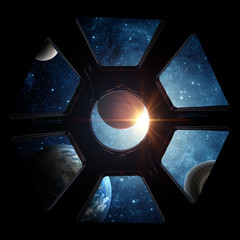 Wall Mural - earth and galaxy in spaceship international space station window porthole. elements of this image fu