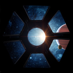 Wall Mural - earth and galaxy in spaceship international space station window porthole. elements of this image fu