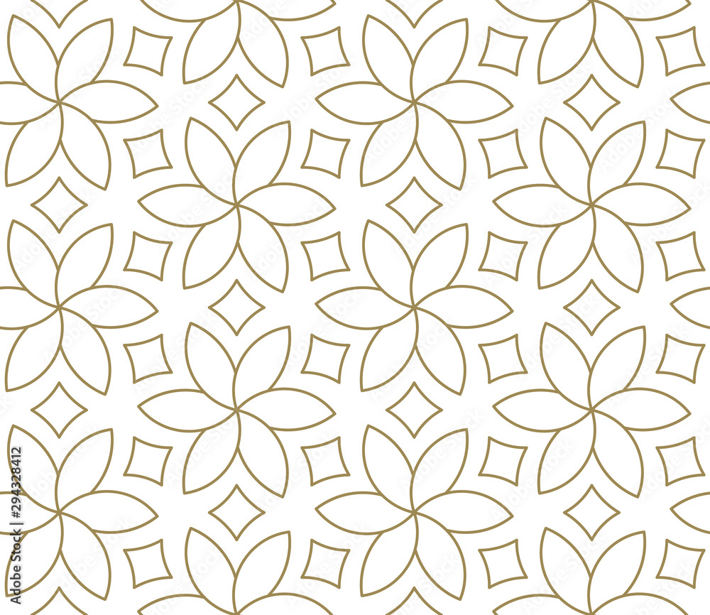 Seamless floral pattern with abstract geometric line texture, gold on ...