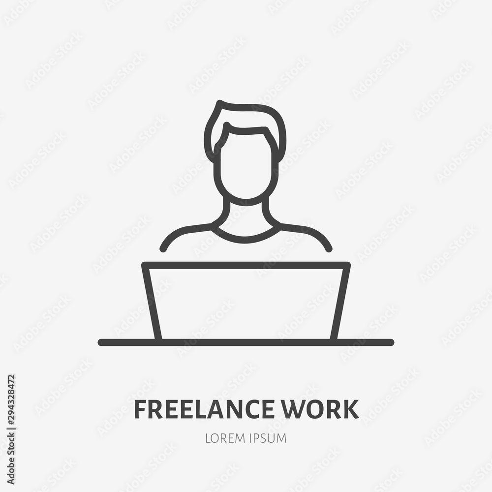 Man with laptop flat line icon. Vector thin sign of freelance work at home, designer logo. Young person in workplace outline illustration - obrazy, fototapety, plakaty 