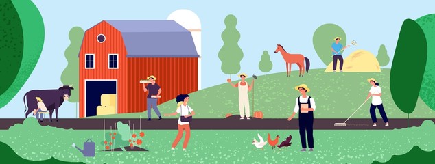 Wall Mural - Farmer life. Agricultural workers work with equipment in nature, agriculture and organic farming flat vector illustration. Agriculture worker and farmer work on farm