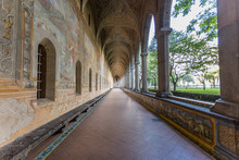 Decorated Walls In The Corridor Of Cloister Of The Clarisses In Santa Chiara Monastery, Naples, Campania, Italy