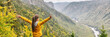 Happy hike travel woman with open arms outstretched in happiness carefree enjoying fall autumn panoramic banner background.