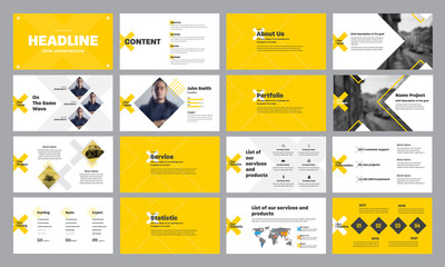 Wall Mural - template of yellow and white presentation slides with rhombus and crosses, for annual report and sta