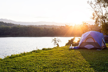 morning landscape for camping tent in a forest camp near the lake