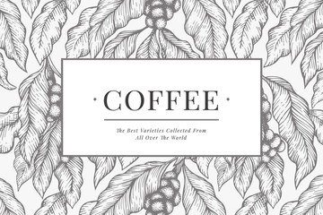 Coffee vector design template. Vintage coffee background. Hand drawn engraved style illustration.