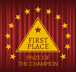 Wall Mural - first place reward in triangle form in wreath of golden stars. prize of champion. winner metal award