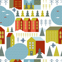 Wall Mural - Seamless pattern with a winter Scandinavian town in a fun colors. Hygge cozy style. Colorful buildings on light background. Nordic village. Christmas illustration the house, pond, bird, snow,