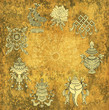 Design collage with eight auspicious symbols of Buddhism on grunge texture.